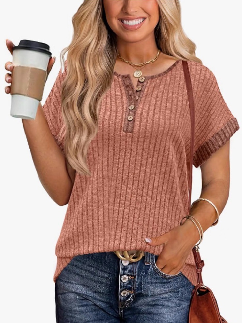 Unbranded Ribbed Henley Top in Dusty Orange-Rose